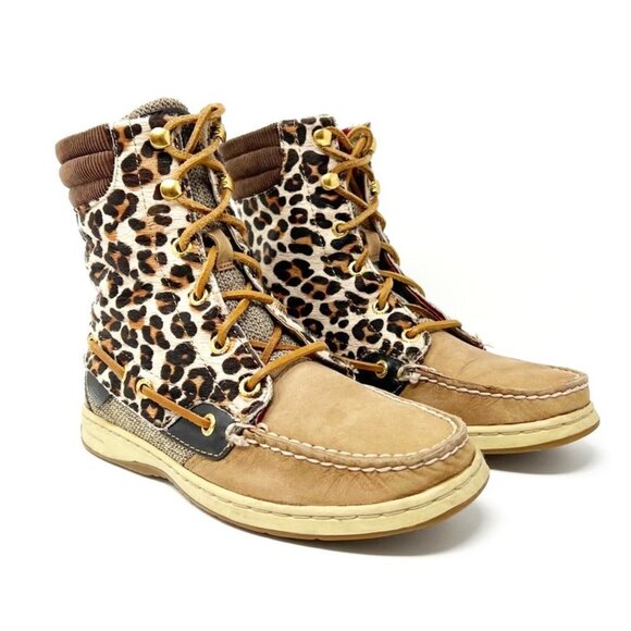 Sperry Topsider Hikerfish Leather Leopard Print Calf Hair Boots. Size 6 - Picture 2 of 13